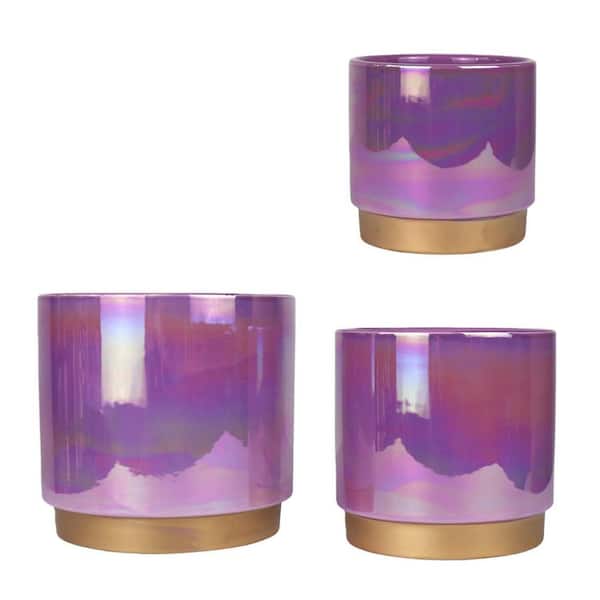 3-Pack Indoor Ceramic Planter with Drainage Hole, Succulent Orchid Flower Pot, Rainbow Pearl Glaze, Purple
