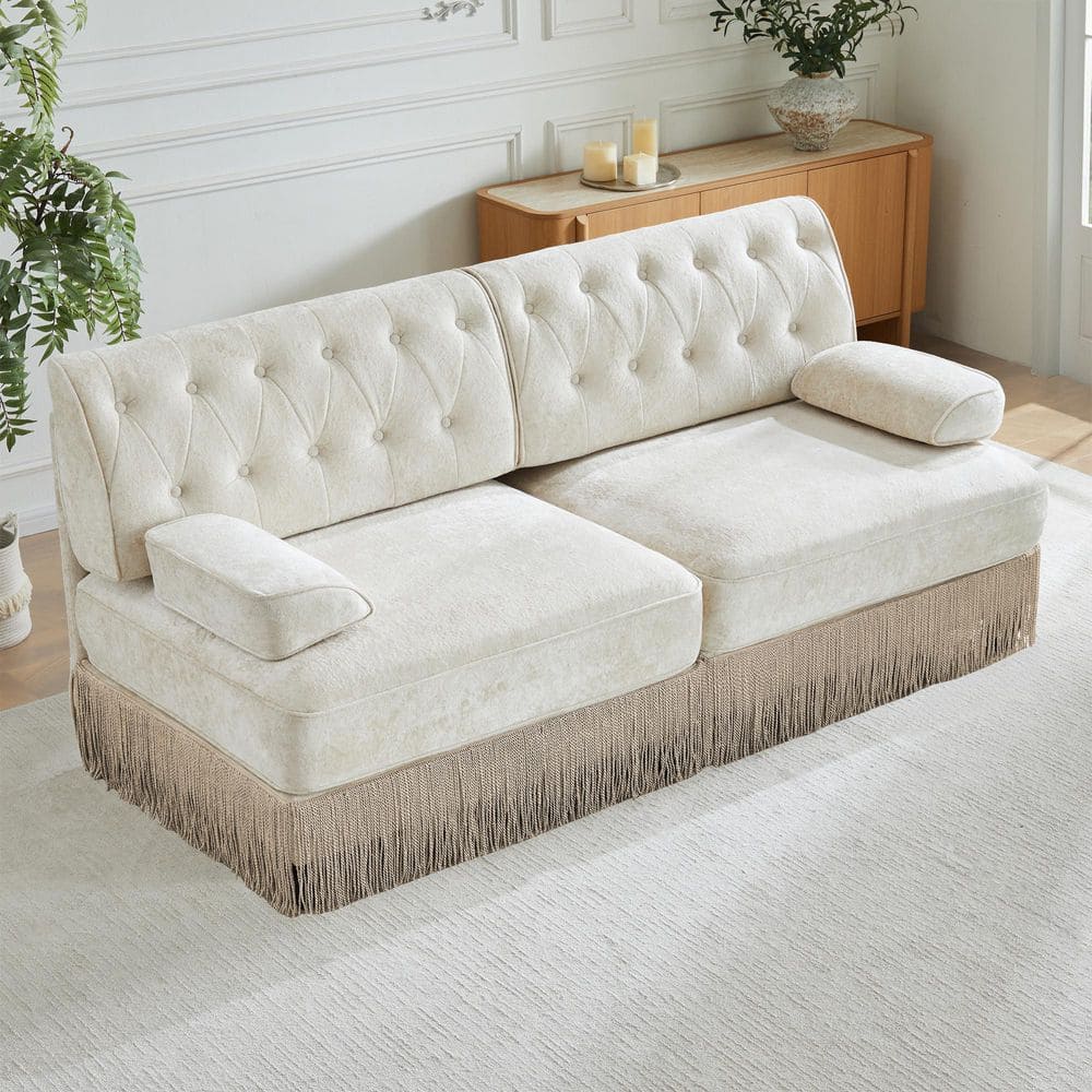 Modern 76.6 in. Curved Arms Velvet Button Tufted Modular Sectional Sofa Loveseat in Beige with Skirt Base
