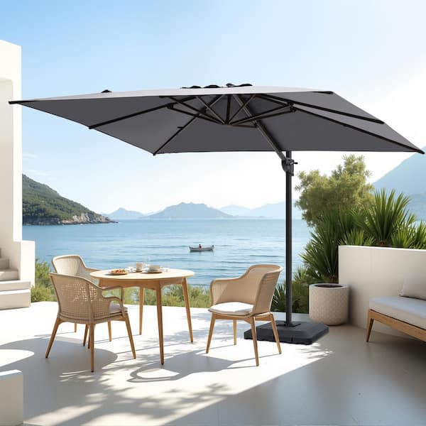 Pellebant 9 ft. x 11 ft. Rectangular Aluminum Offset Cantilever 360°Swivel Tilt Patio Umbrella in Gray and 240 lbs.4-Piece Base