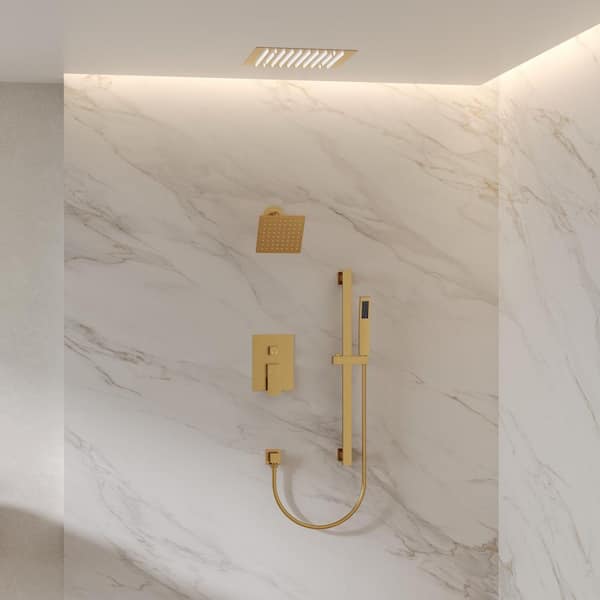 LED 3-Spray 12 and 6 in. Ceiling Mount Dual and Handheld Shower with Slider Bar 1.8 GPM in Brushed Gold (Valve Included)