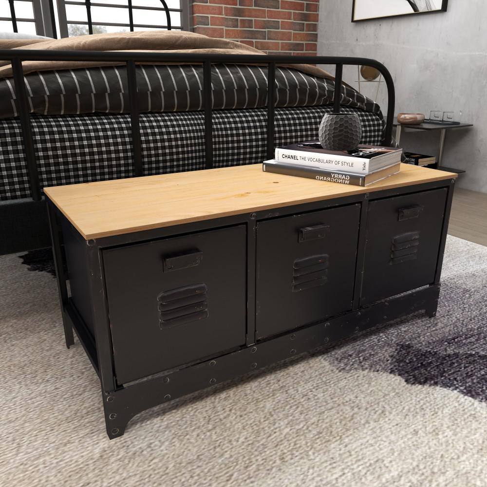 Industrial Charm Black and Cocoa Brown Storage Bench with 3 Drawers