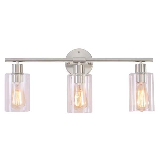 ADSENSTY 22.83 in. 3-Light Nickel Modern Vanity Light with Clear Glass Shade
