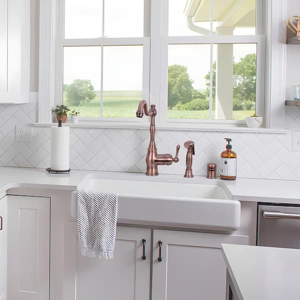 Single Handle Deck Mounted Standard Kitchen Faucet in Antique Copper with Side Spray