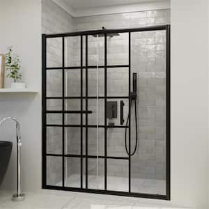 VENUS 60 in. W x 72 in. H Sliding Framed Shower Door in Black Grid Finish with Clear Glass