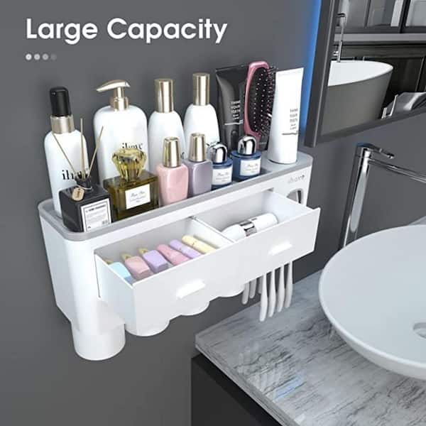 Toothpaste Dispenser with Cosmetic Drawer Organizer and Toothbrush Rack,  Integrated with Automatic Toothbrush Holder, Space Saving with Magnetic Cup