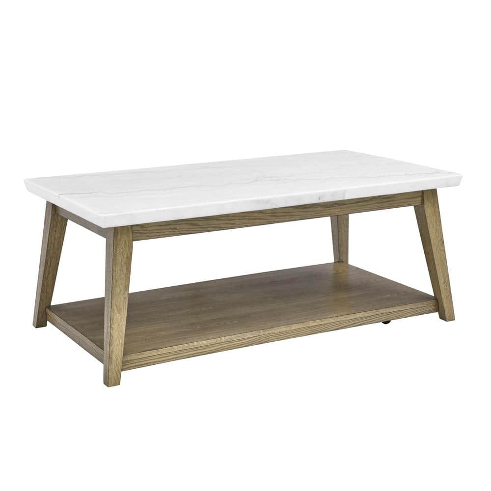 Blonde Wood and White Marble Rectangular Coffee Table with Casters