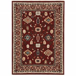 Red Black Ivory and Brown 2 ft. x 3 ft. Oriental Power Loom Stain Resistant Fringe Area Rug