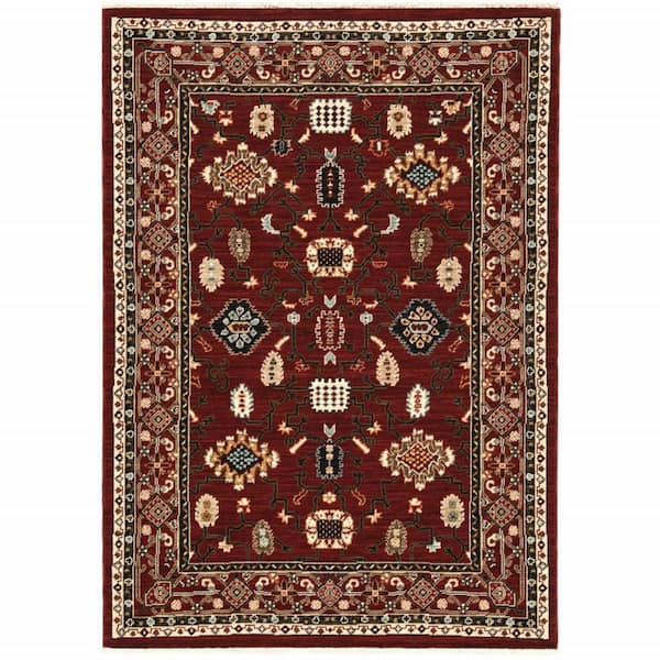 HomeRoots Red Black Ivory and Brown 2 ft. x 3 ft. Oriental Power Loom Stain Resistant Fringe Area Rug