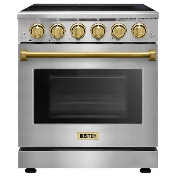 30 in. 5 Elements Freestanding Electric Range w/ 4.55 cu. ft. True Convection Oven in Stainless Steel w/ Bronze Handles