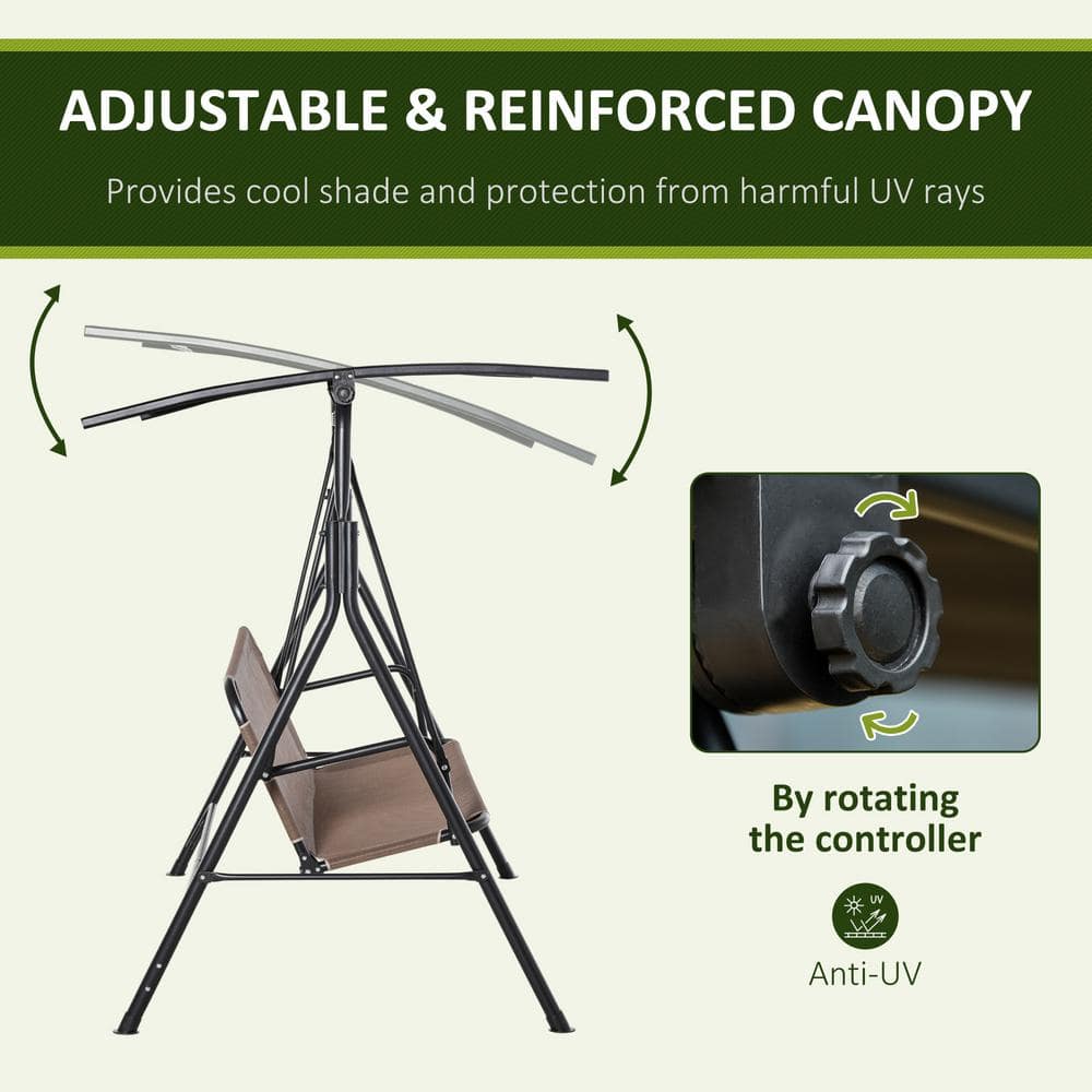 Brown Steel Frame 2-Seater Patio Swing Chair with Adjustable Canopy