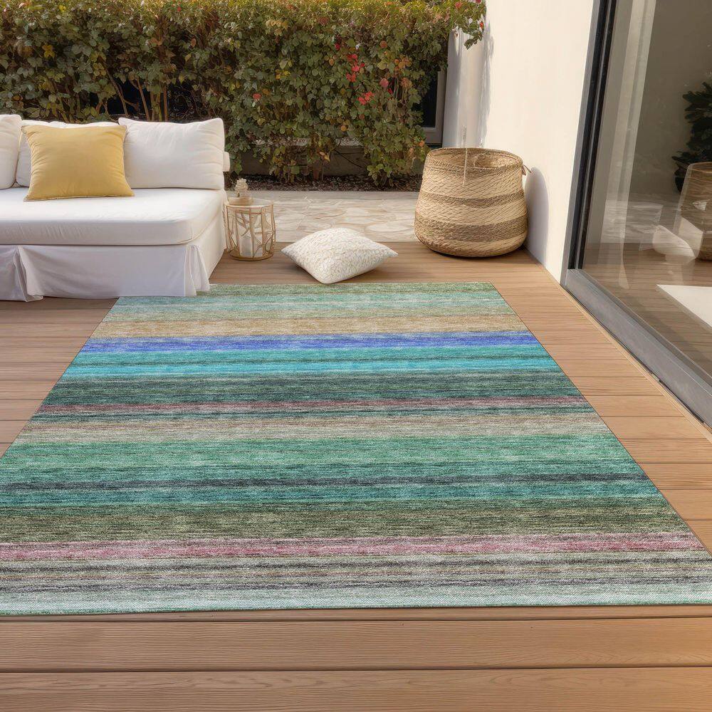 Sage and Blue Striped Synthetic 9' x 12' Washable Rug