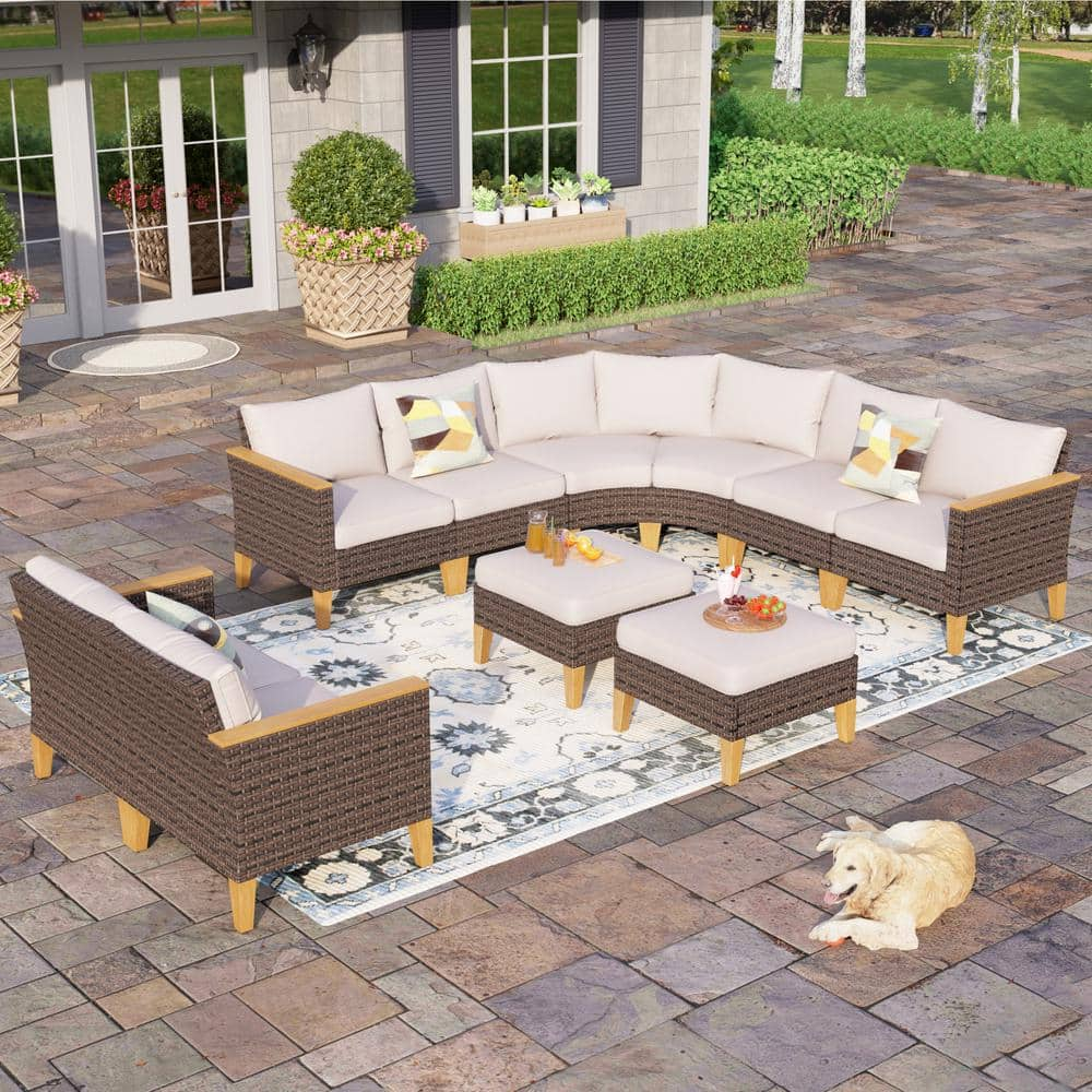 Brown Rattan Wicker 10 Seat 10-Piece Steel Patio Outdoor Sectional Set with Beige Cushions -  PHI VILLA, DS10PV05040203