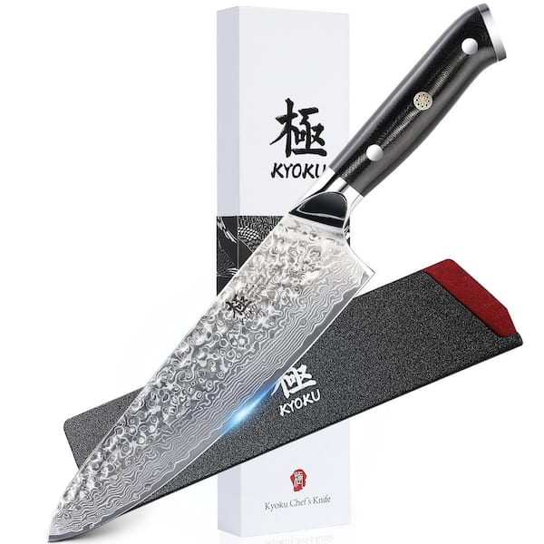 KYOKU Chef Knife, Shogun Series 8 in. Japanese VG10 Steel Hammered Damascus Blade Full Tang with Case Sheath and Mosaic Pin