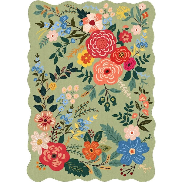Papaver Rhoeas Green 8 ft. x 10 ft. Floral Washable Area Rug