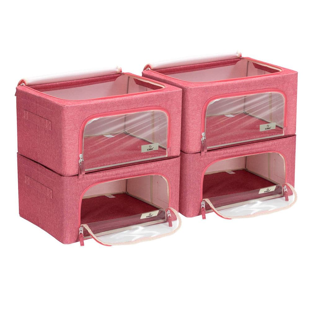 Storage Bins, Organizers with Metal Frame, Handles, and Window, Pink 15.75 