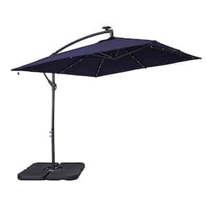 8.2 ft. Cantilever Outdoor Solar LED Patio Hanging Umbrella with Cross Base in Navy