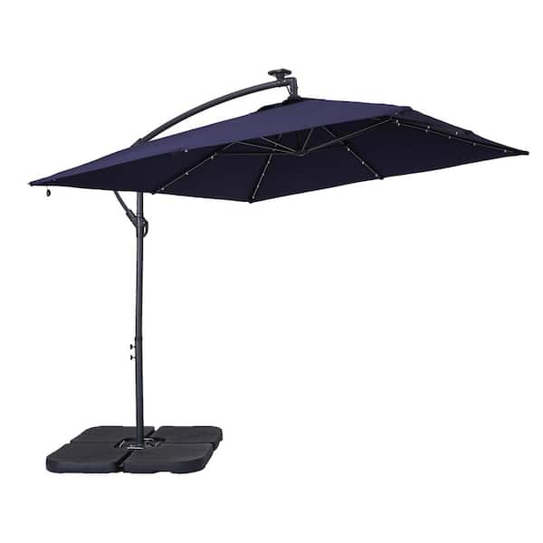 maocao hoom 8.2 ft. Cantilever Outdoor Solar LED Patio Hanging Umbrella with Cross Base in Navy