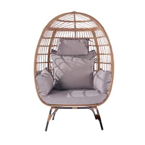 Light Gray Wicker Outdoor/Indoor Egg Lounge Chair with 5 Beige Cushions and Steel Frame for Patio, Backyard, Living Room