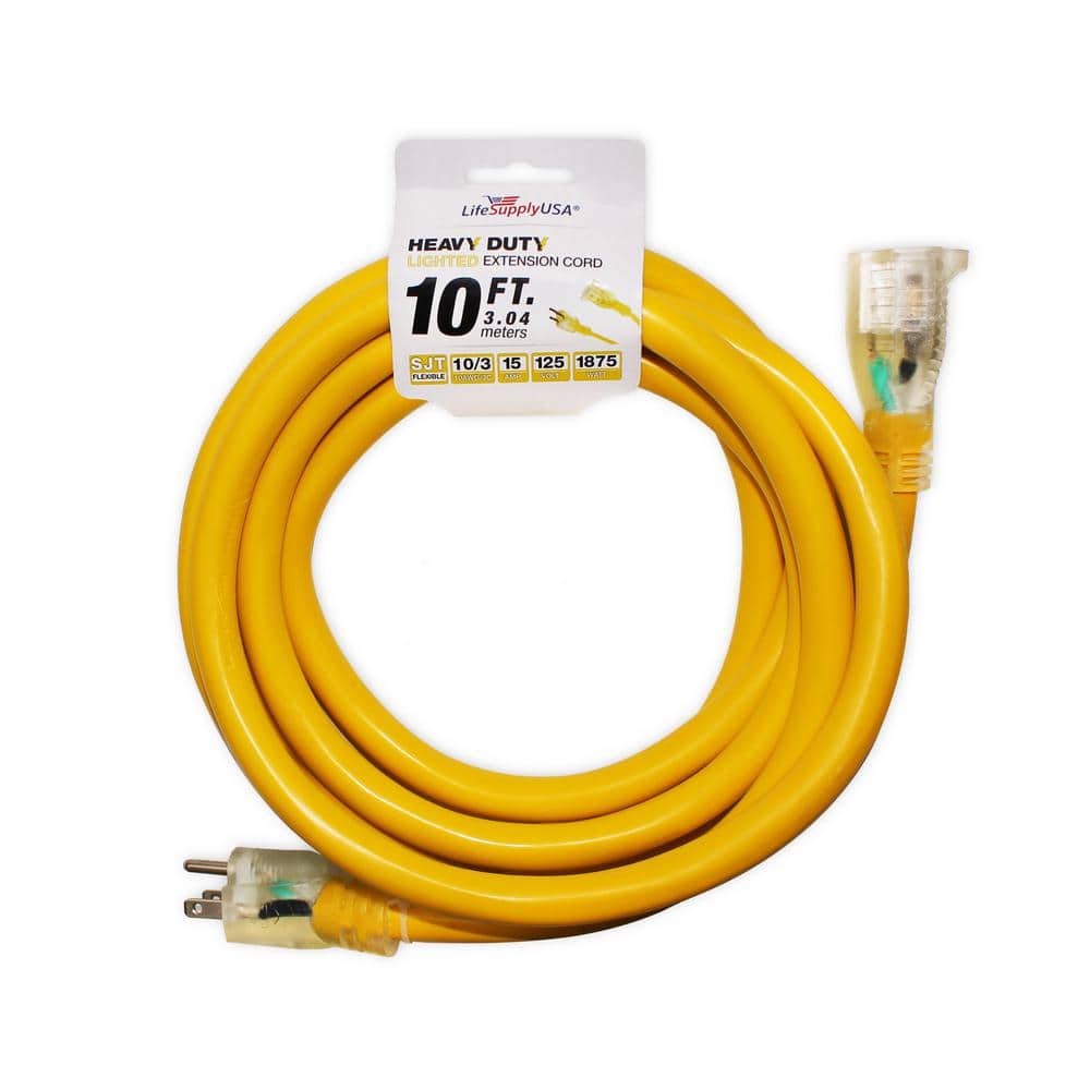 LifeSupplyUSA 10 ft. 10/3 SJTW Lighted End Extension Cord 15 Amp, 125