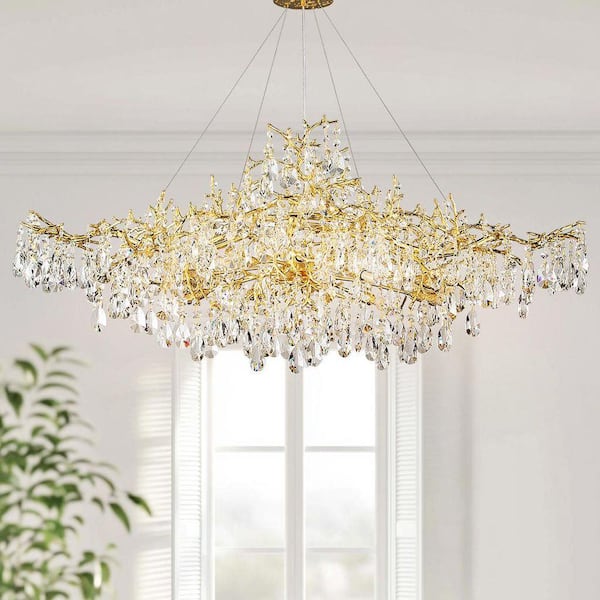 59 in. 18-Lights Gold Luxury Crystal Linear Chandelier, Modern Branch Chandelier for Dinning Room, Kitchen, Living Room