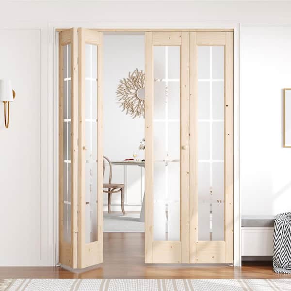 60 in. x 80 in. 3/4 Lite Frosted Glass Preassembled Solid Core Wood Spruce Bi-fold Door with Hardware