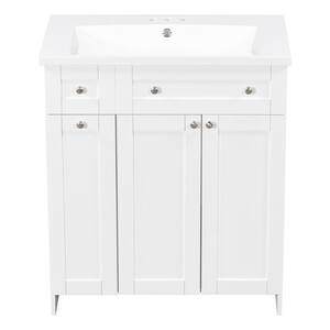 30 in. W x 18 in. D x 34.5 in. H Single Sink Freestanding Bath Vanity in White with White Resin Top, Powerful Storage