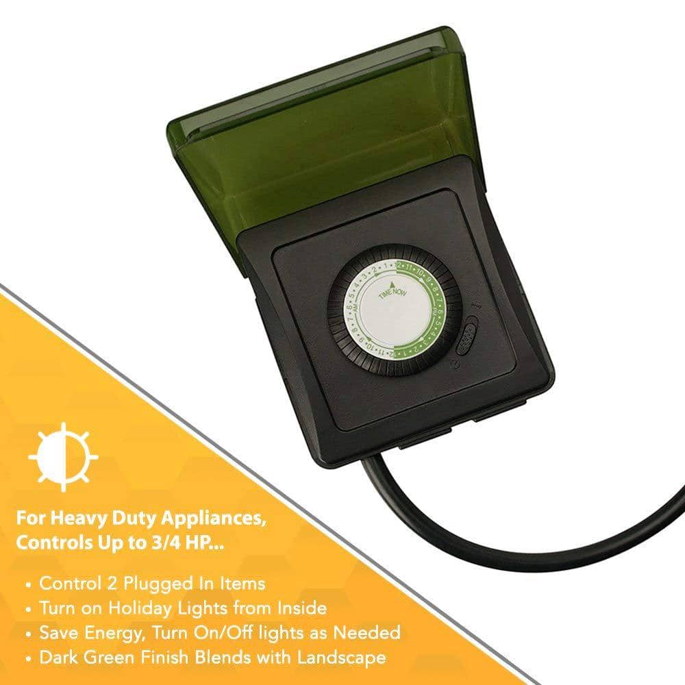 Green Heavy Duty Outdoor Mechanical Timer with 2 Outlets