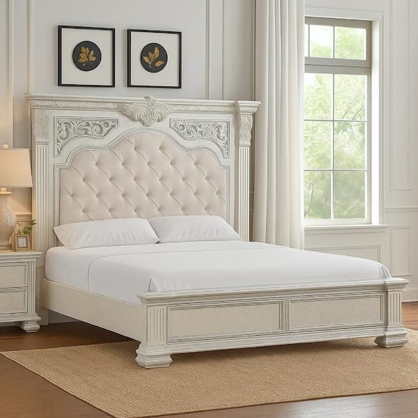 Miamy Creamy White and Silver Wood Frame Queen Panel Bed