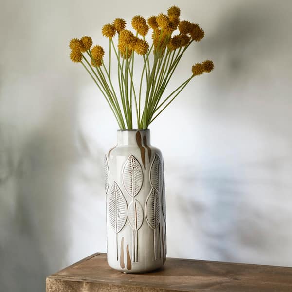 Mikasa 14-in Embossed Leaves White and Beige Ceramic Vase