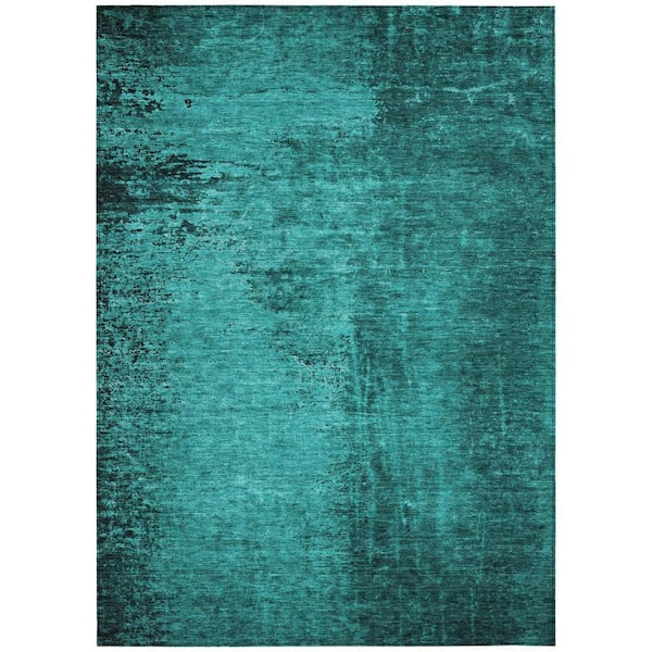 Teal Blue 9 ft. x 12 ft. Woven Abstract Polyester Rectangle Indoor / Outdoor Area Rug
