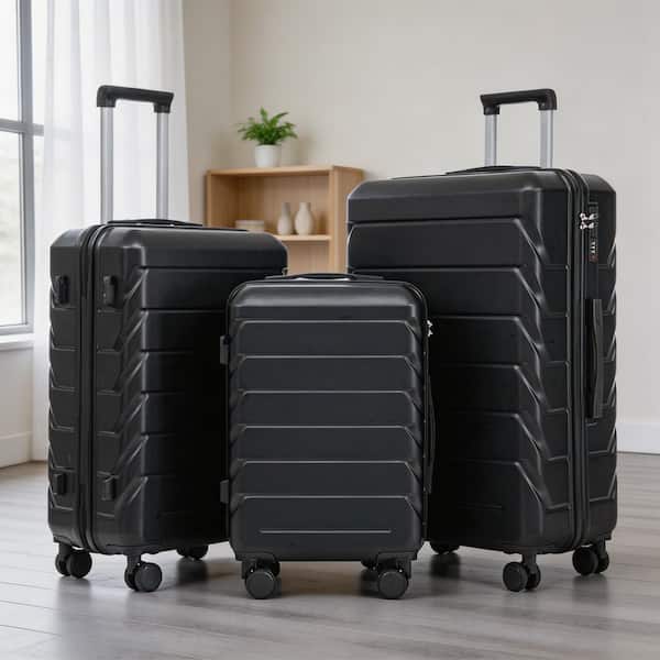 LIVACA 3-Piece Black ABS Plastic Hardside Spinner Wheel Luggage