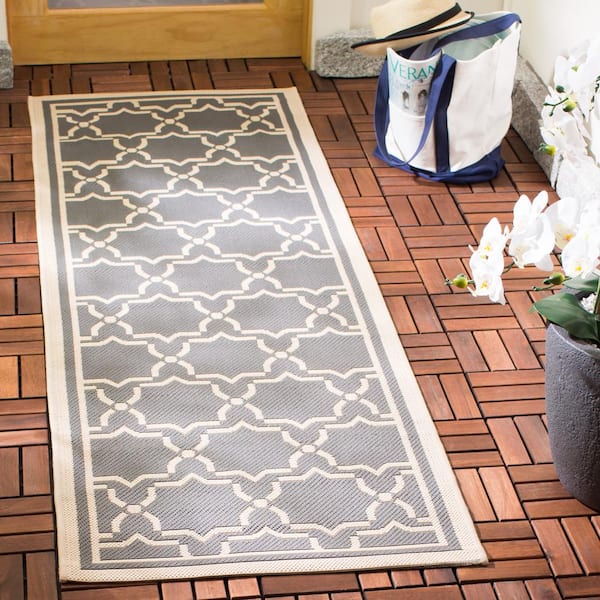Courtyard Anthracite/Beige 2 ft. x 8 ft. Geometric Indoor/Outdoor Patio  Runner Rug
