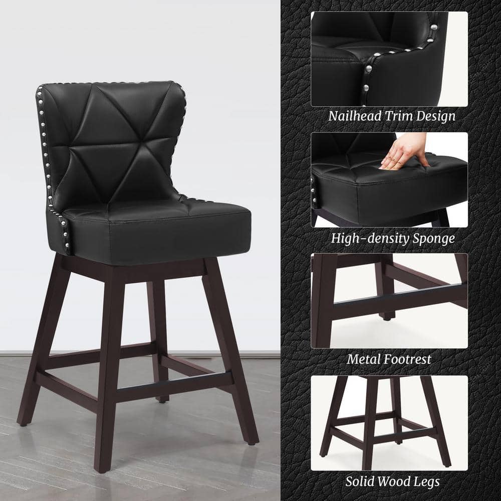 Zola 26" Black Faux Leather Swivel Bar Stools with Wood Frame (Set of 4)