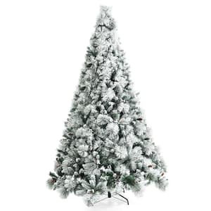 8ft Snow Flocked Artificial Christmas Tree Glitter Tips w/Pine Cone & Red Berries