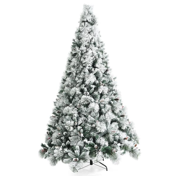 Costway 8ft Snow Flocked Artificial Christmas Tree Glitter Tips w/Pine Cone & Red Berries
