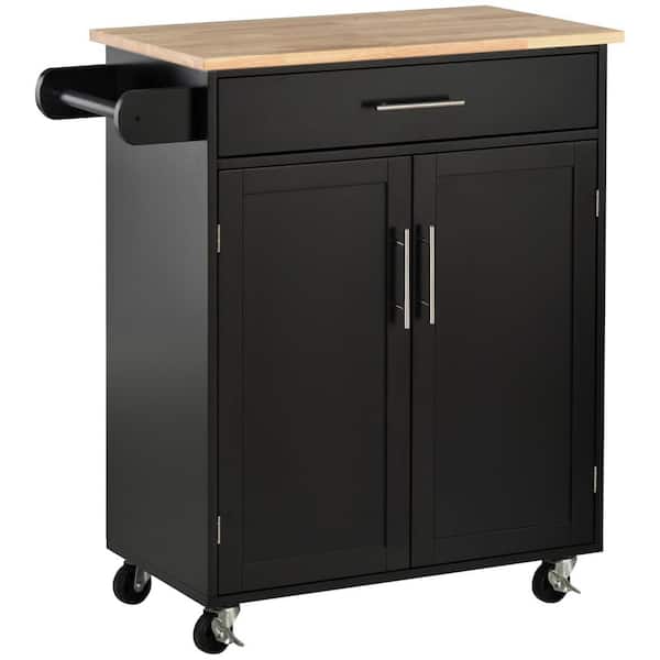 Tileon Black Wood 32.75 in. Kitchen Island with Drawer, Storage Cabinet with Towel Rack Cart Rolling Trolley Cart