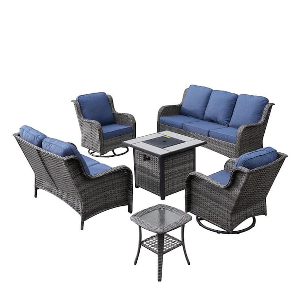 XIZZI Pluto Gray 6-Piece Wicker Patio Fire Pit Set with Denim Blue Cushions and Swivel Rocking Chairs