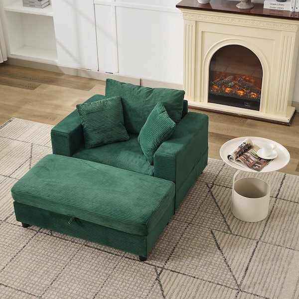 Pryden Modern 43 in. Green Corduroy Upholstered Twin Size Sofa Bed Square Armchair with Ottoman, Pillows