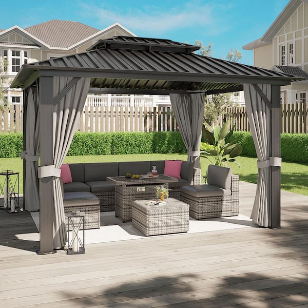 12 ft. x 10 ft. Outdoor Double Roof Gazabo with Galvanized Steel  Hardtop,Aluminum Frame, Ceiling Hook, Curtains, Netting