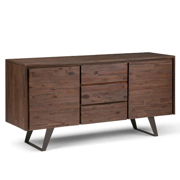Simpli Home Lowry Solid Acacia Wood and Metal 60 in. Wide Modern Industrial Sideboard Buffet in Distressed Charcoal Brown