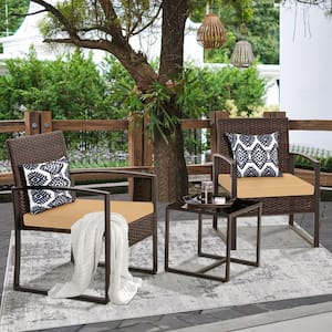 3-Piece Brown Wicker Patio Outdoor Bistro Set with Brown Cushions and 1 Side Table