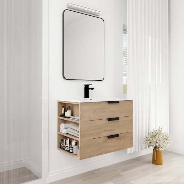 FAMYYT 30 in. W x 18.3 in. D x 22.4 in. H Single Sink Floating Bath Vanity in Imitative Oak with White Resin Top and Side Shelf
