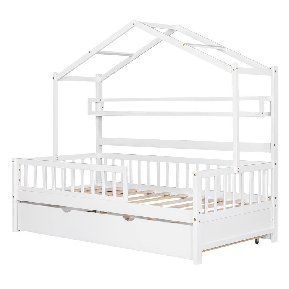 Harper & Bright Designs White Twin Size Wooden House Bed with Roof ...