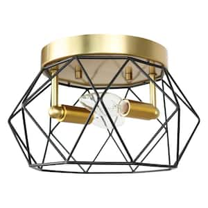 10.25 in. 2-Light Gold Flush Mount Ceiling Light with Matte Black Metal Cage and No Bulbs Included