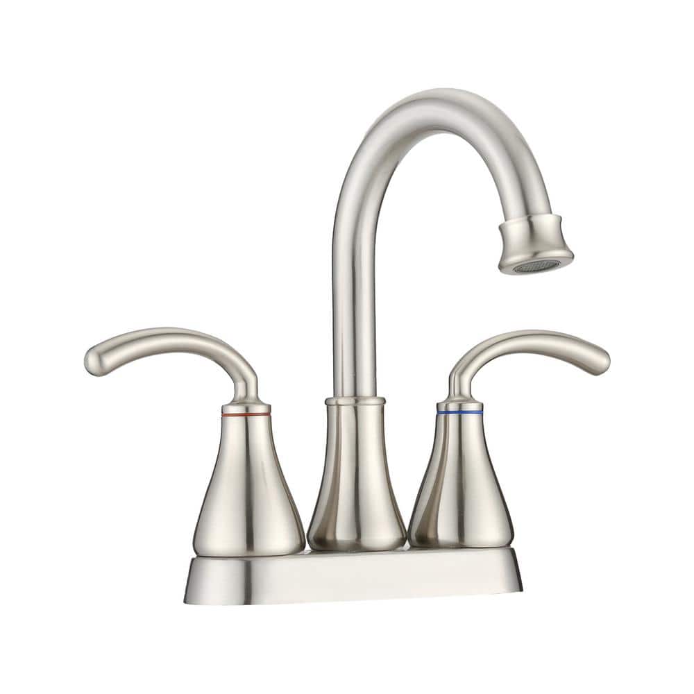 Lukvuzo 4 in. Centerset Double Handle Mid Arc Bathroom Faucet with Drain Kit Included in Brushed