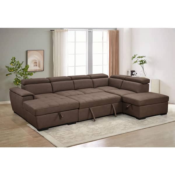 Evie Oversized 127 in. Faux Leather Convertible Sleeper Modular Sectional Sofa Bed in Dark Brown with Storage, Ottoman