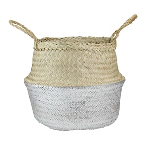13" Beige and Silver Seagrass Belly Wicker Basket with Handles