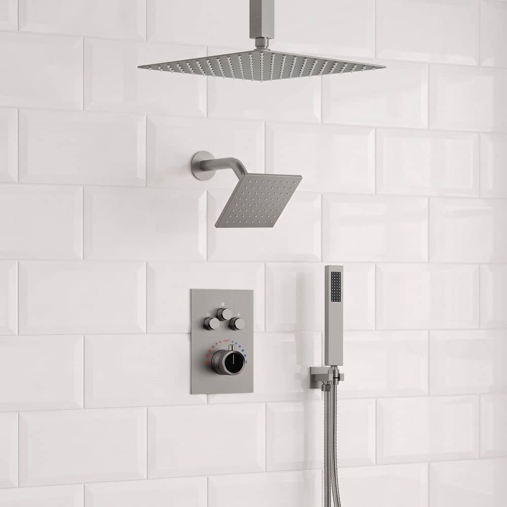 Multiple Press 7-Spray Ceiling Mount Anti Scald 12 in. Tub and Shower Faucet 2.5 GPM in Brushed Nickel Valve Included price history on PriceWatchPro