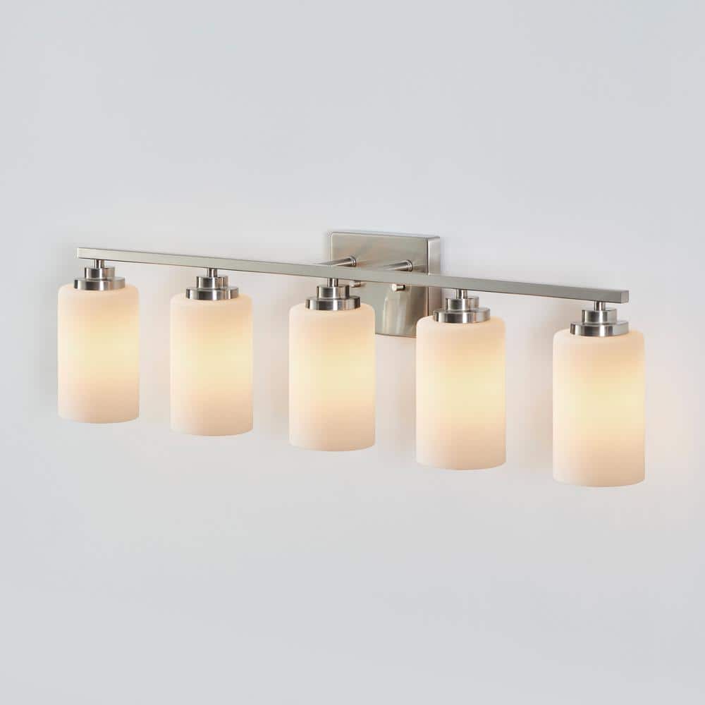 Brushed Nickel 5-Light Vanity Fixture with Frosted Glass Shades