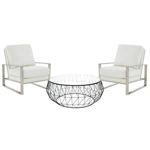 Jefferson Modern 3-Piece Living Room Set with 2-Leather Arm Chair in Silver Frame and Round Coffee Table (White)